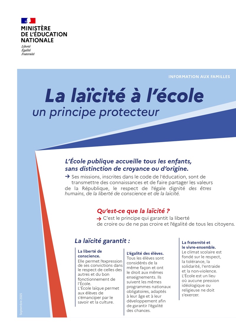 Information aux familles : La laîcité à l'école un principe protecteur